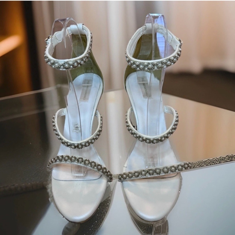 Pelino‎ Bridal Sandals Sz 8.5 White Wedding Pearl Bead Ankle Strap MadeIn Greece